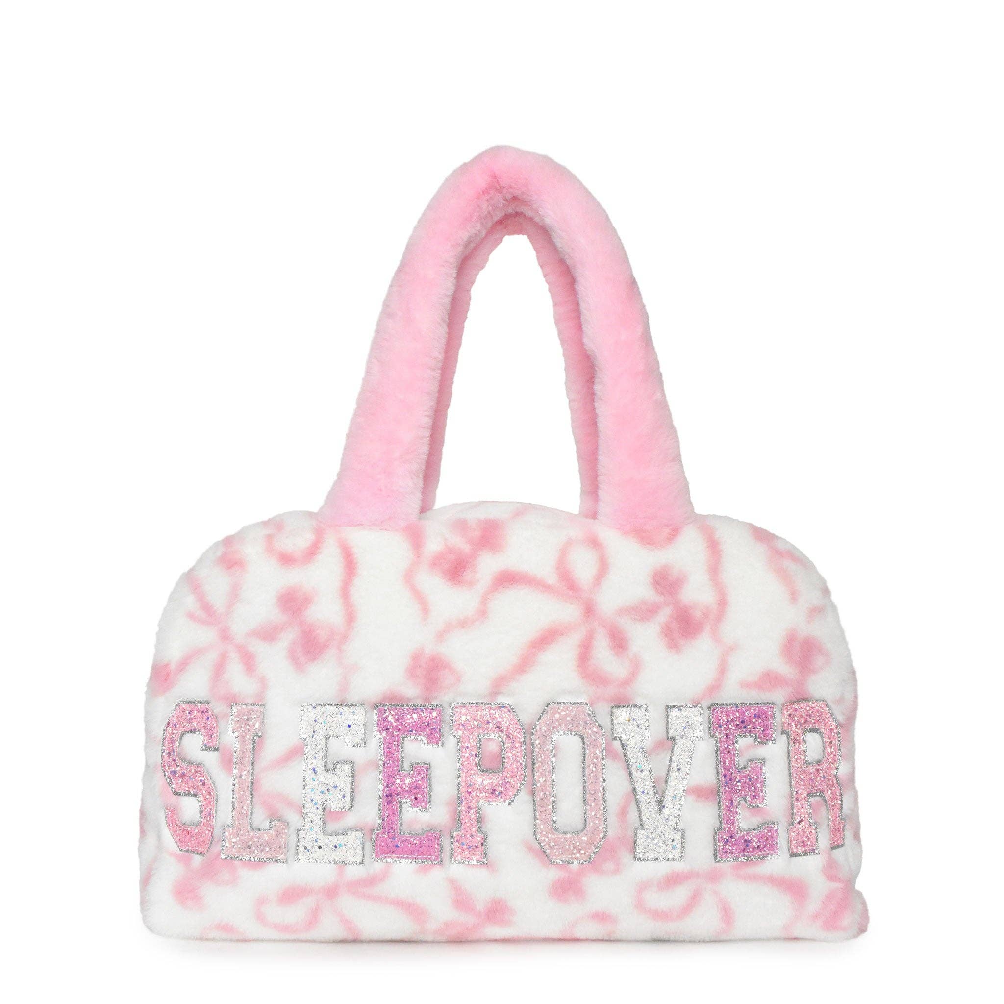 'SLEEPOVER' Plush Bow Print Medium Duffle Bag