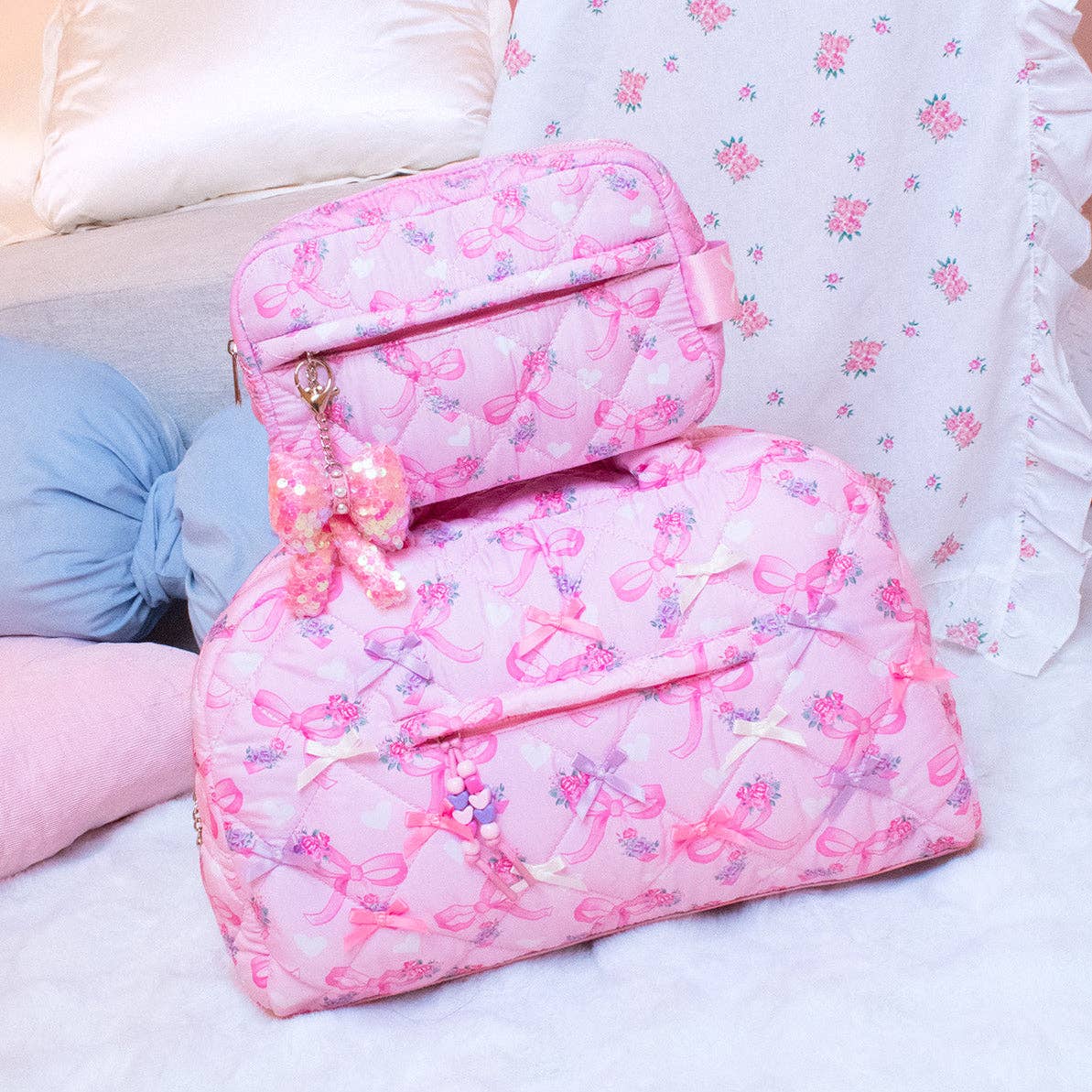 Quilted Pink Floral Pouch with Charm