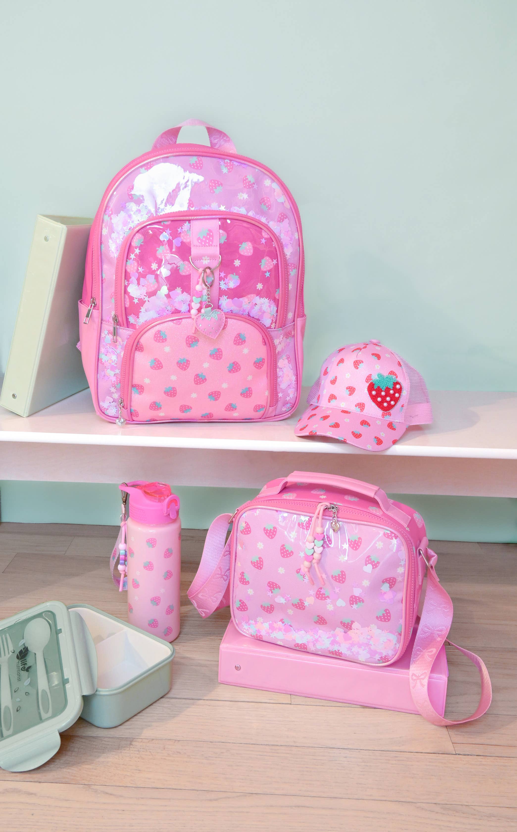Strawberry Print Confetti Filled Large Backpack with Charm