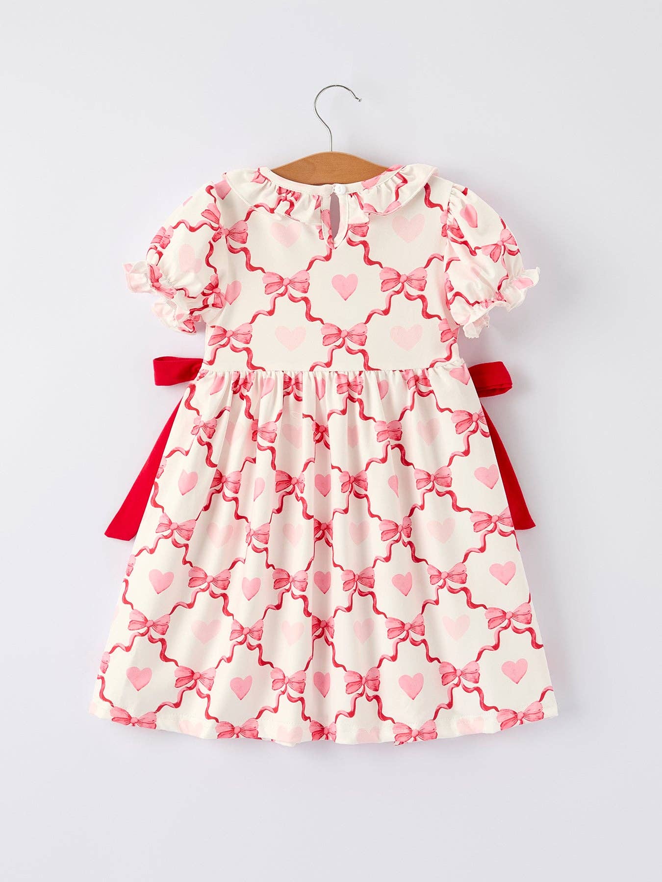 Girls Valentine Dress with Heart Embroidery and Bow Design