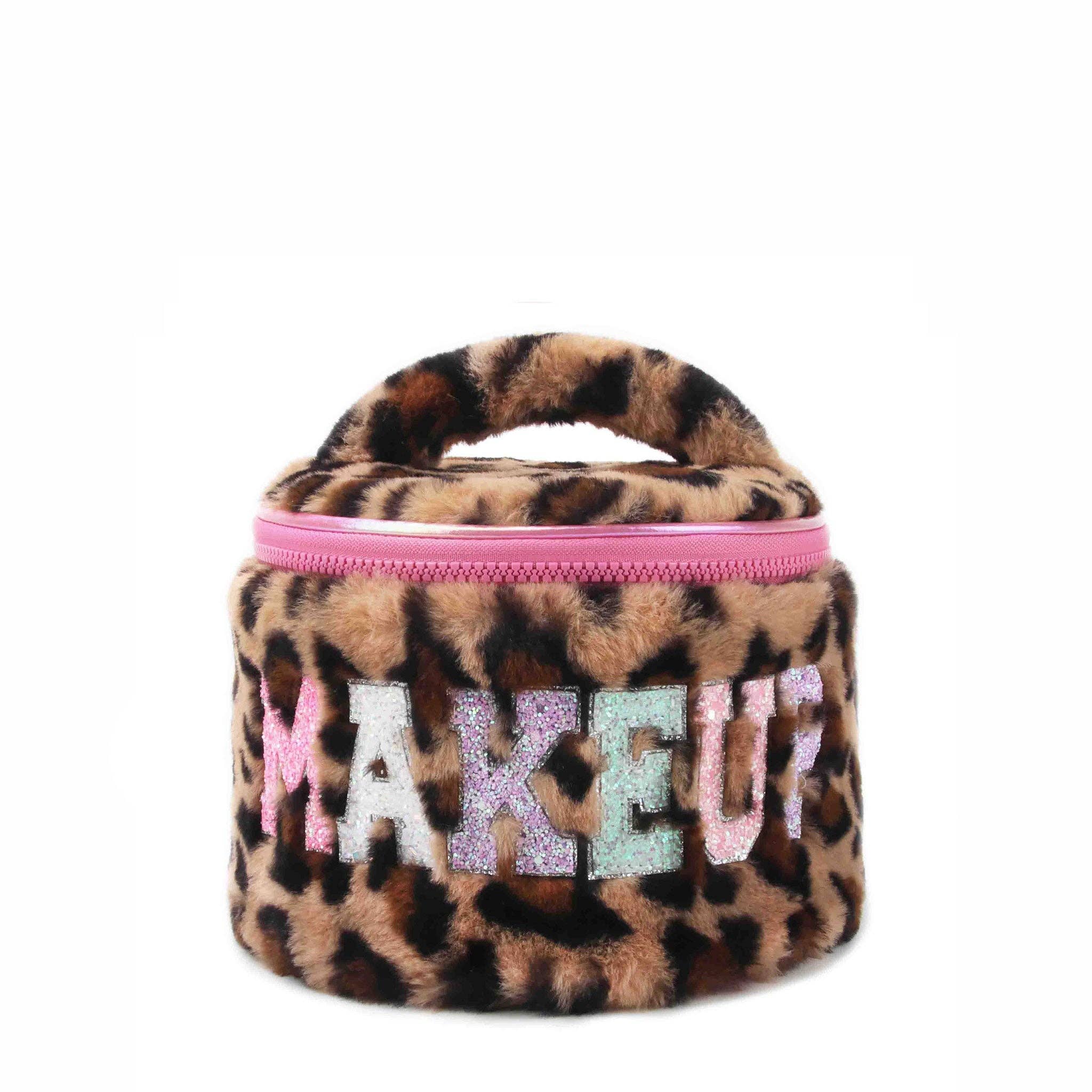 'MAKEUP' Leopard Print Plush Round Glam Bag