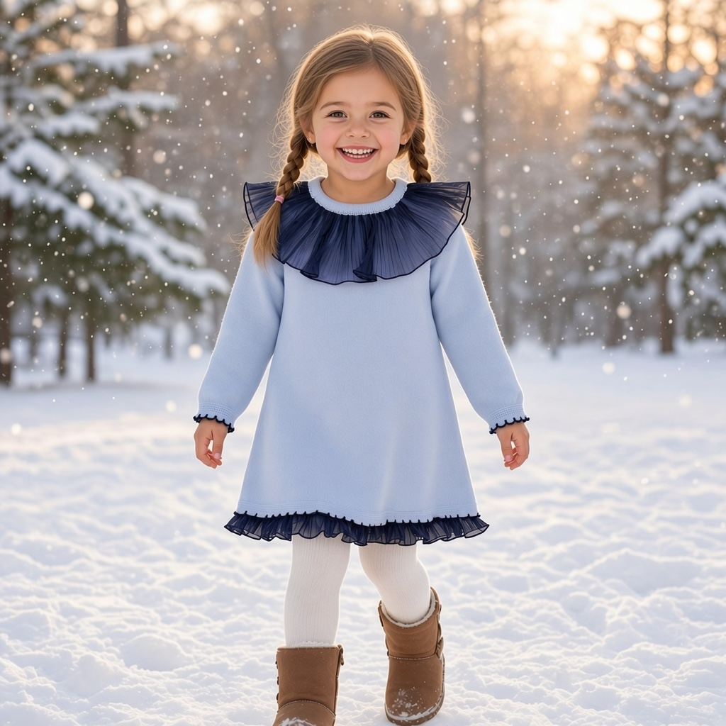 Powder Blue & Navy Tulle Knit Dress