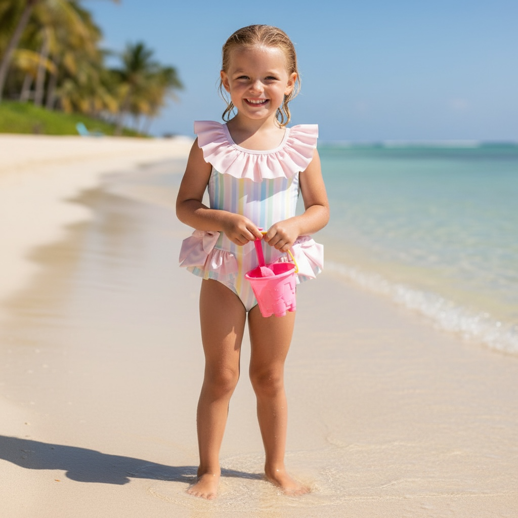 Pastel Stripe Frill Neck Swimsuit