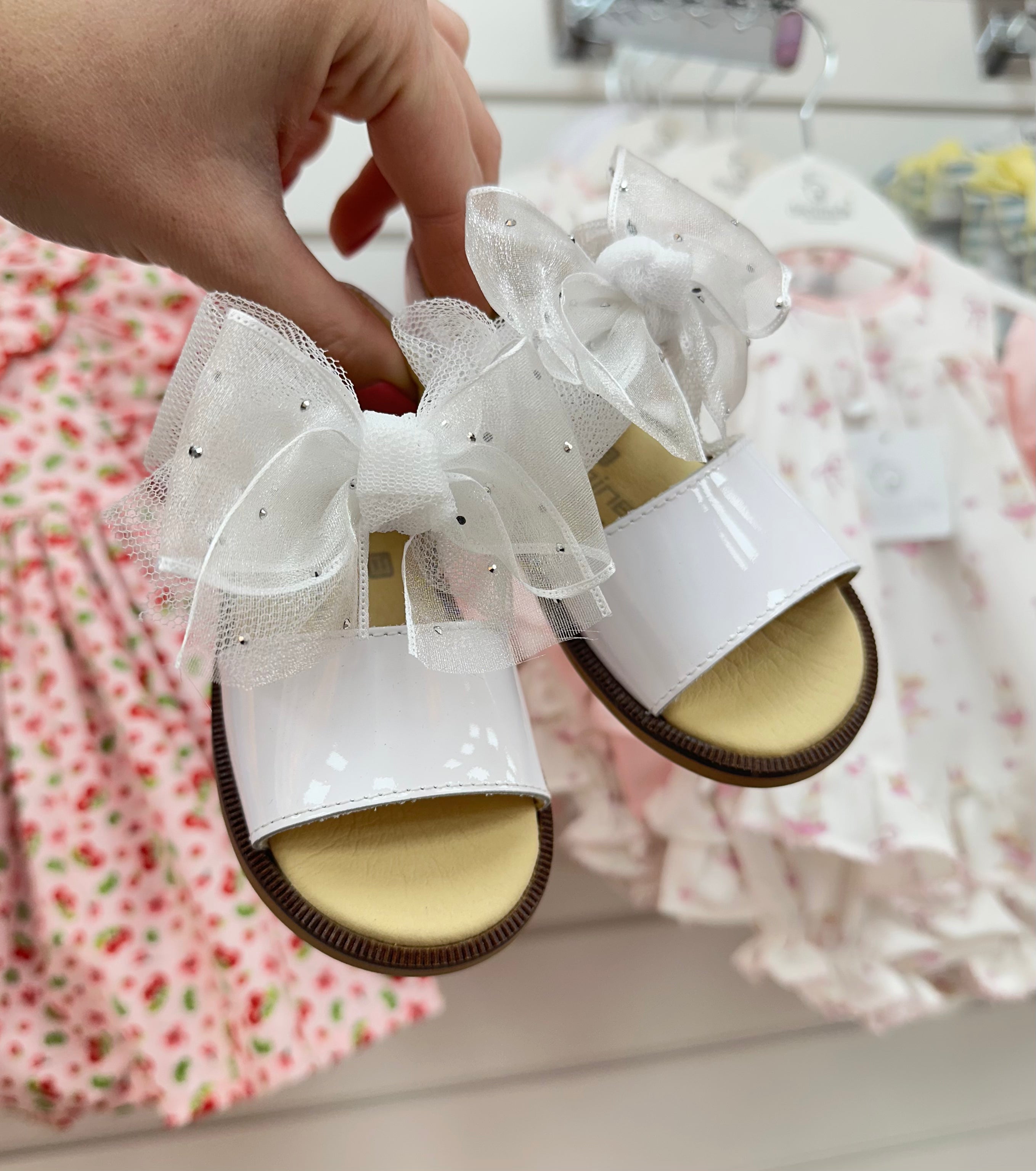 White Tulle Bow Leather Sandal