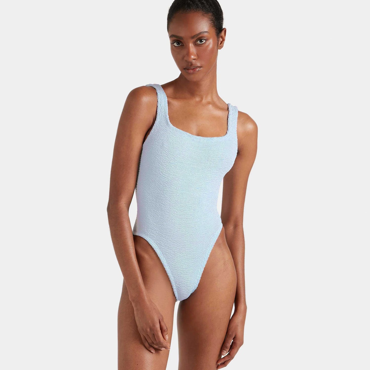 Square Neck Metallic Ice Blue Crinkle Swimsuit - Adult