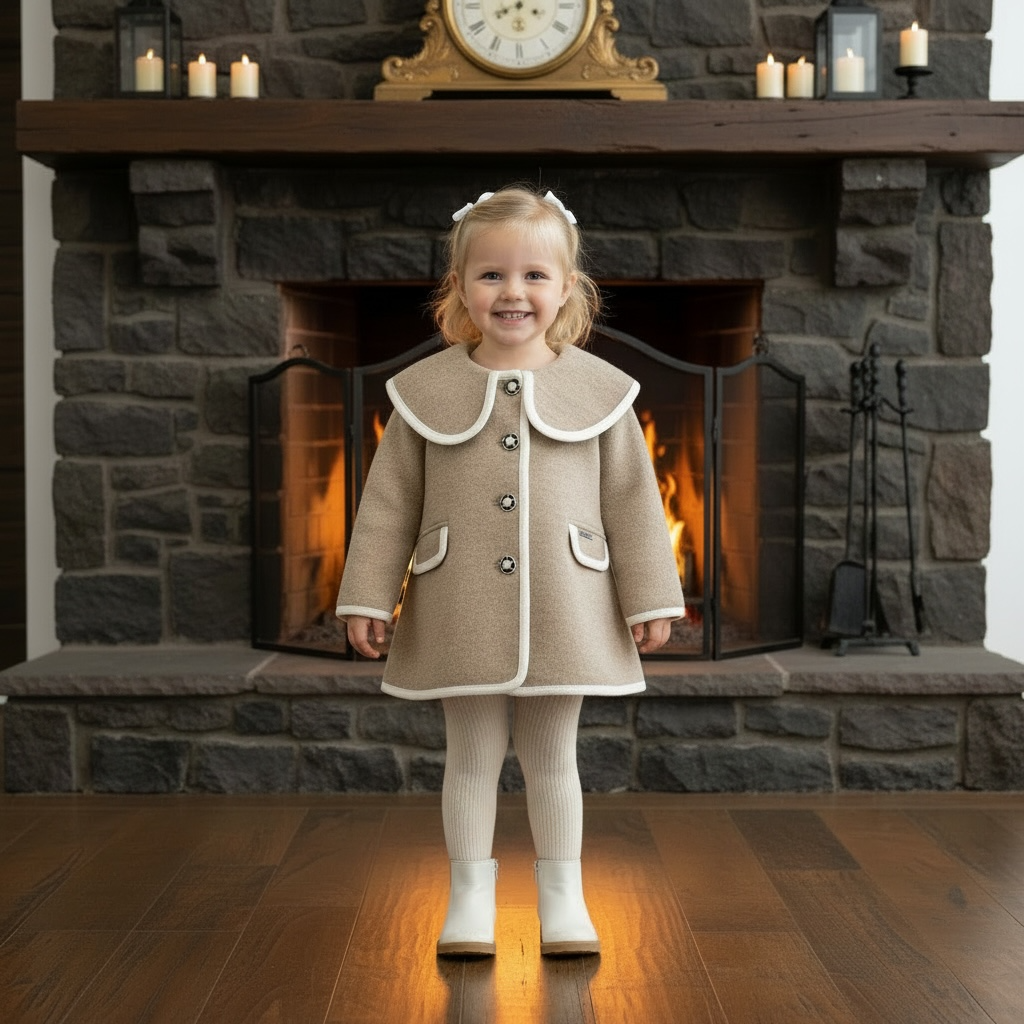 Beige & Ivory Trim Wool Coat