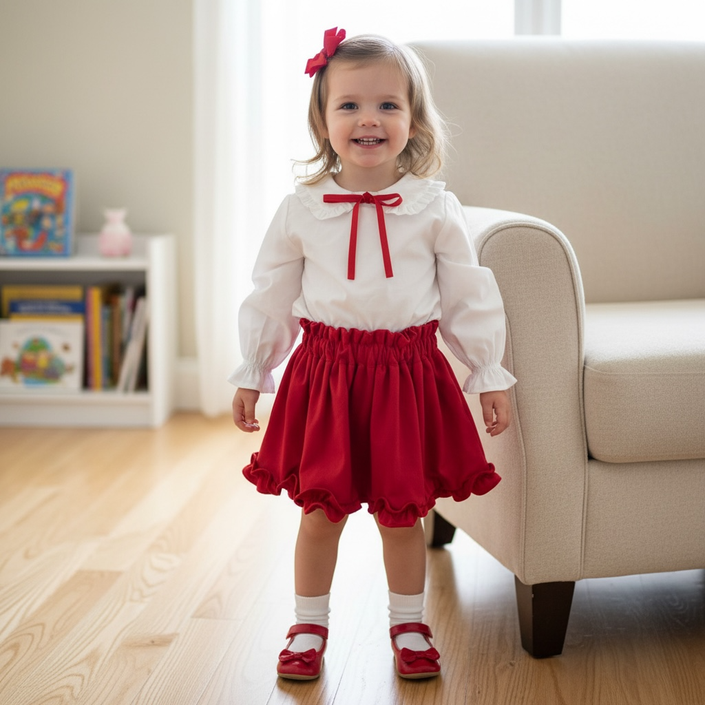 Ivory & Red Velvet Trim Blouse