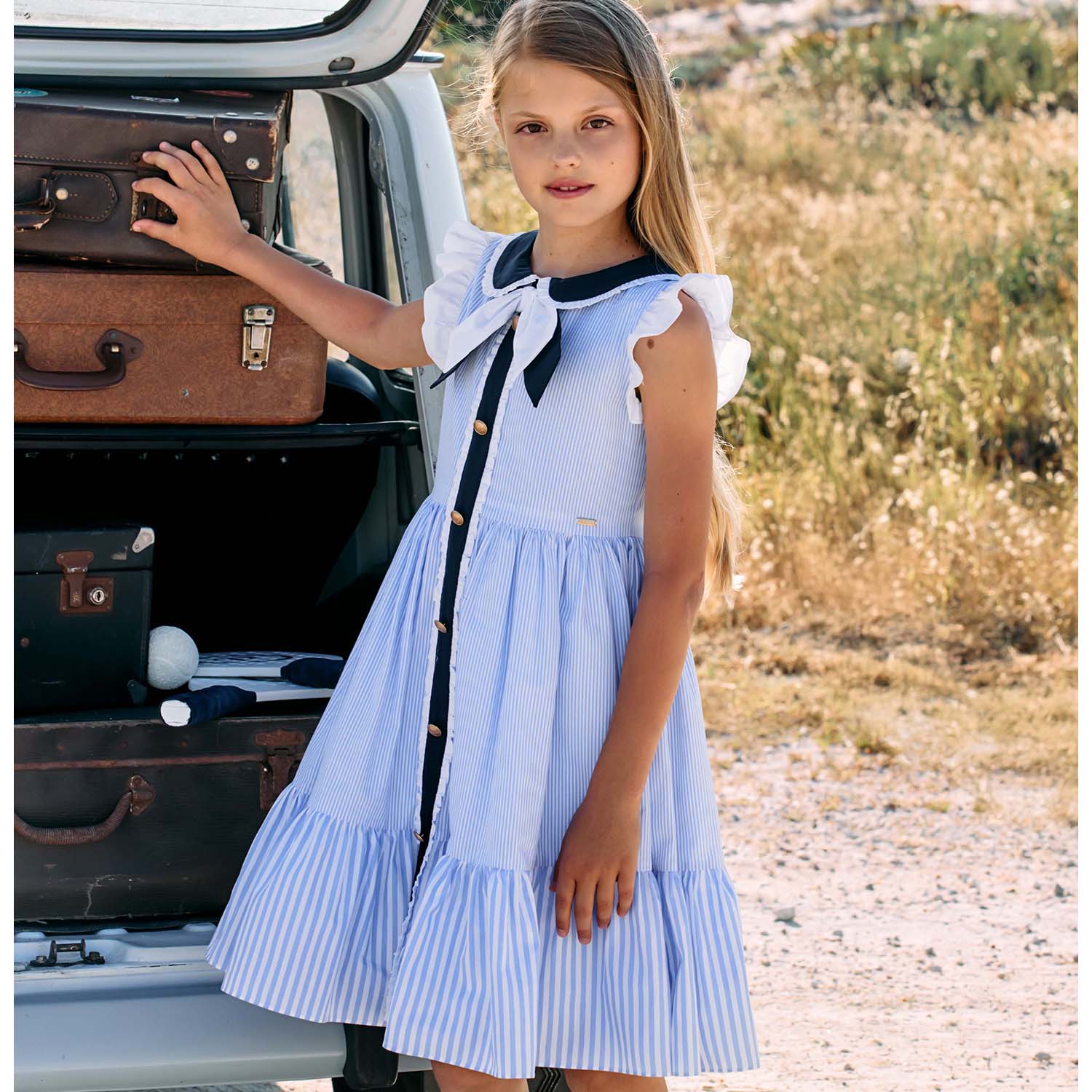 Pale Blue Stripe Trim Dress