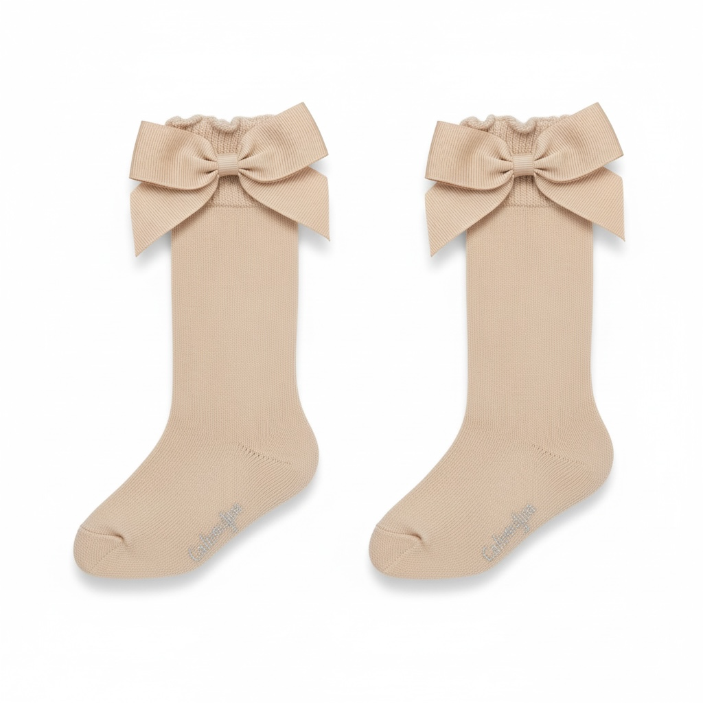 Beige Bow Knee High Socks