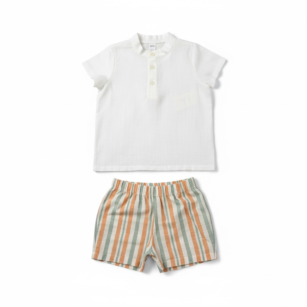Khaki & Orange Stripe Short Set