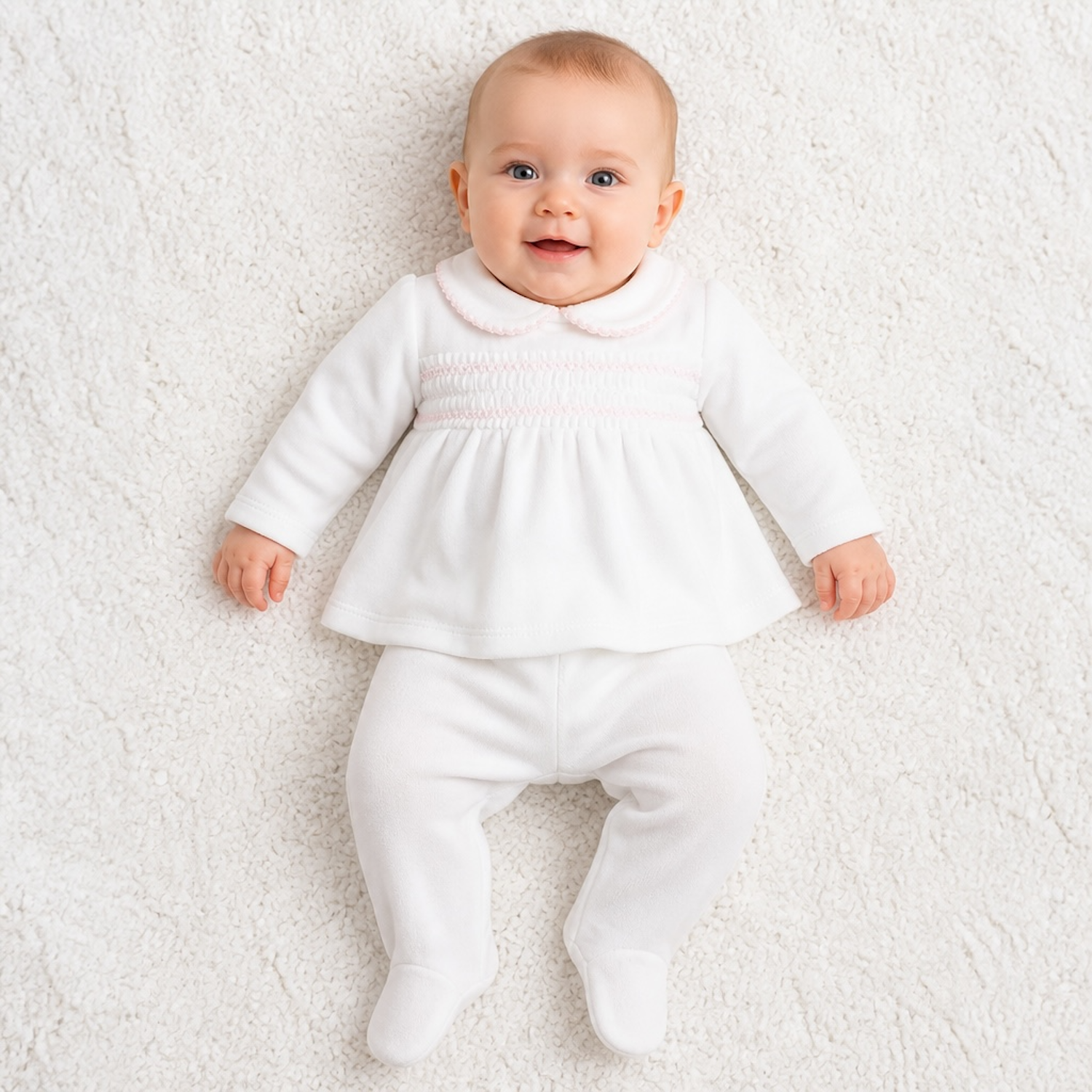 White & Pink Smocked Velour Set