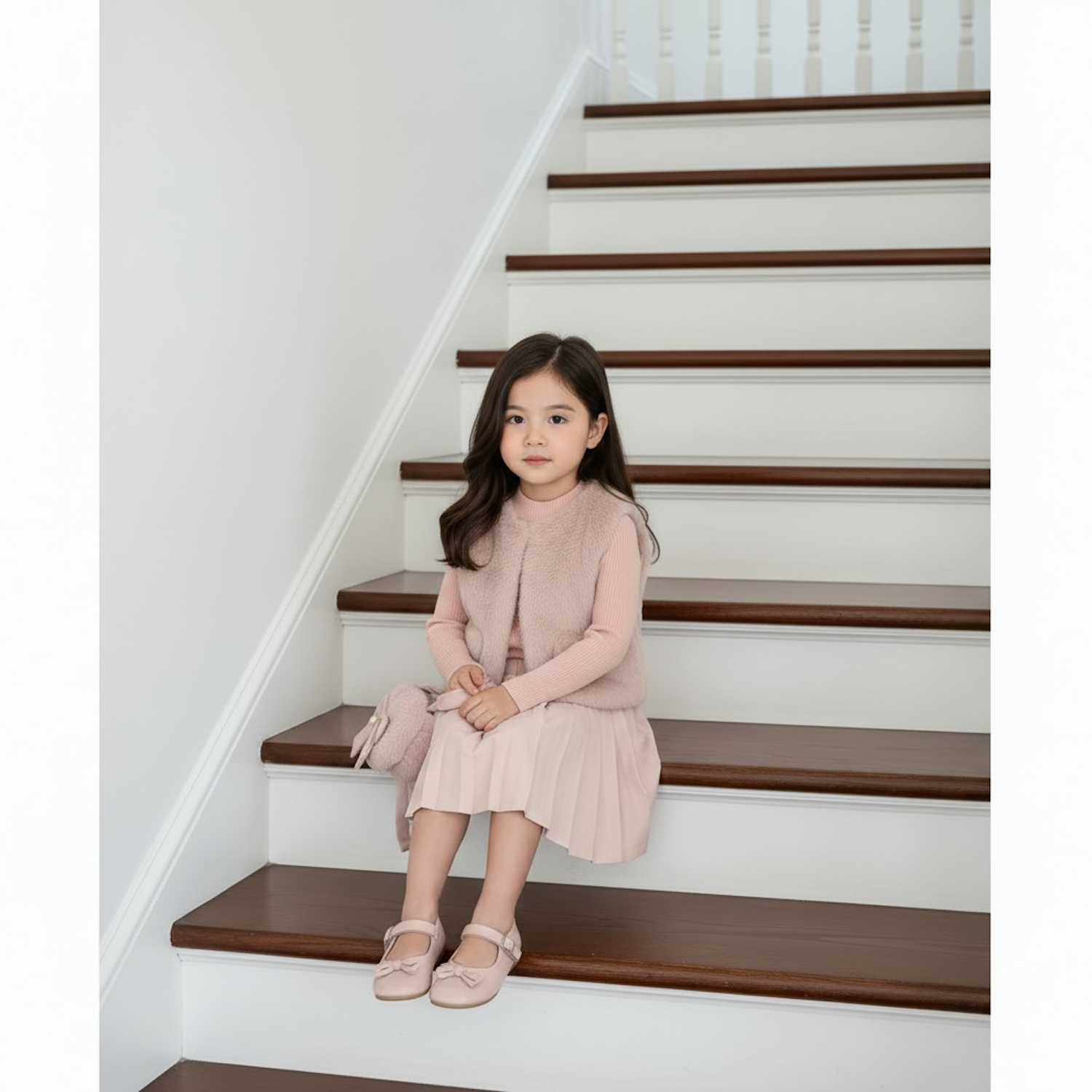 Dusty Pink Top, Skirt & Gilet Set With Matching Handbag