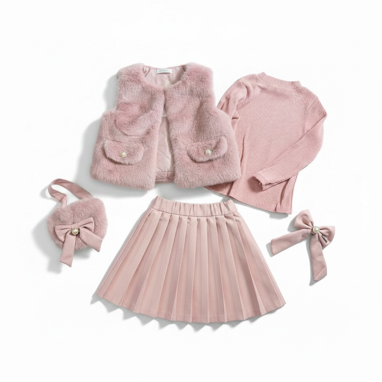 Dusty Pink Top, Skirt & Gilet Set With Matching Handbag