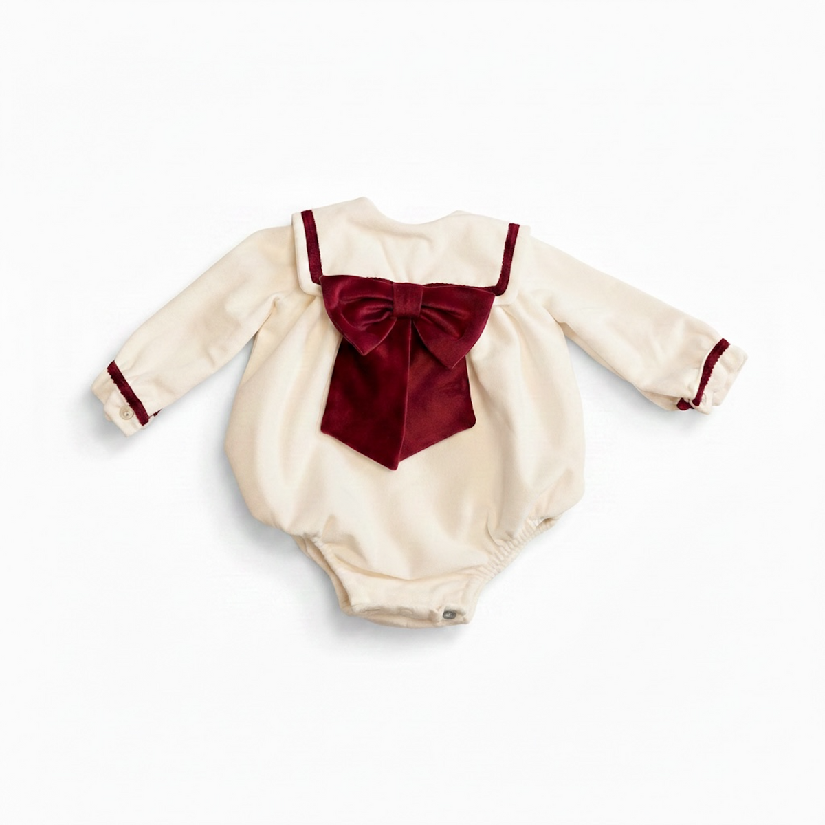 Girls Ivory & Burgundy Velvet Trim Romper