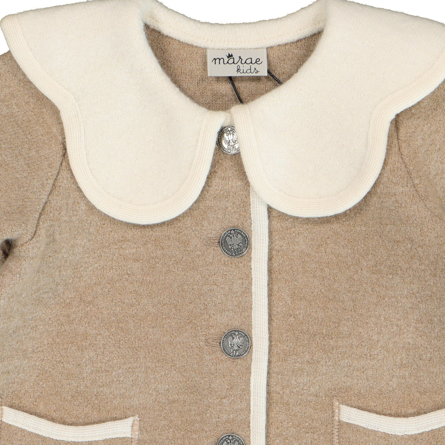 Girls Beige & Ivory Trim Wool Coat