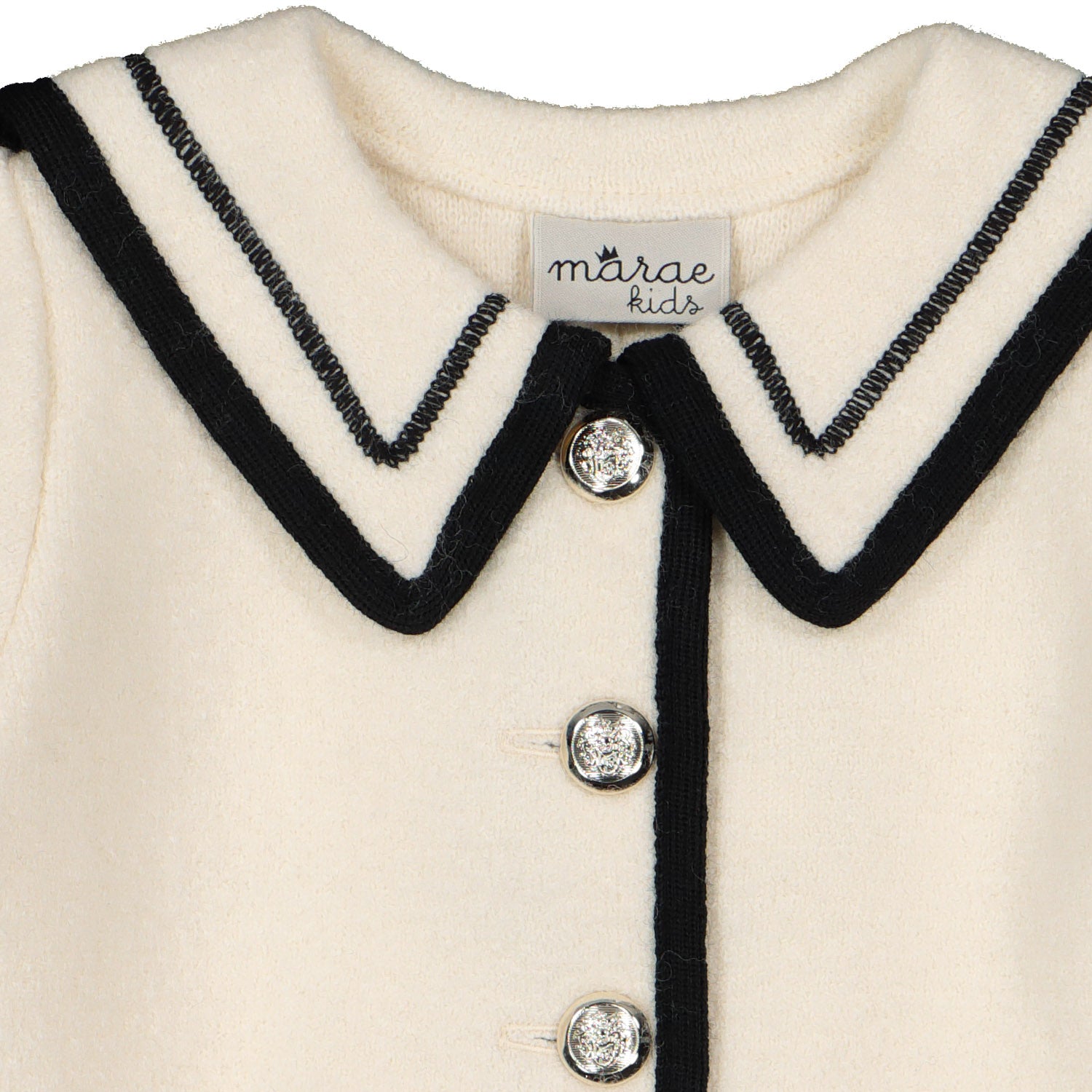 Girls Ivory & Black Trim Wool Coat