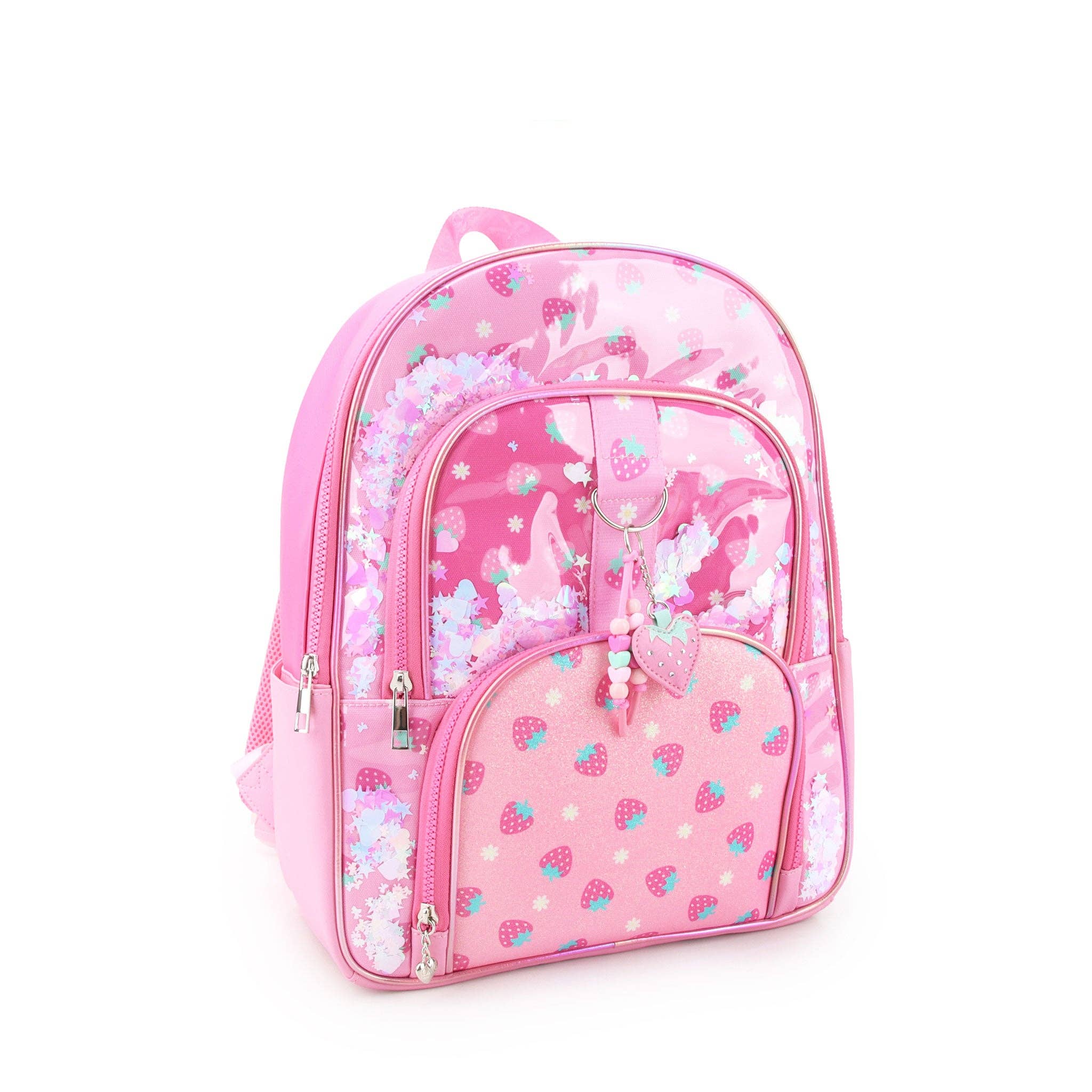 Strawberry Print Confetti Filled Large Backpack with Charm