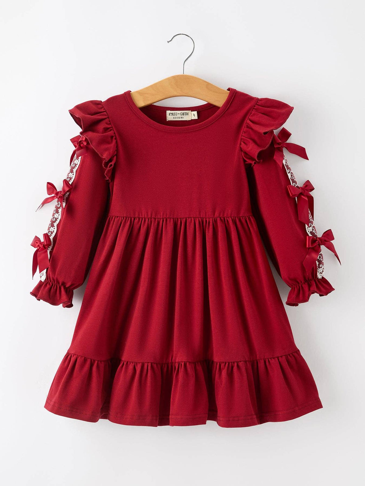 Girls Red Lace Bow Ruffle Dress