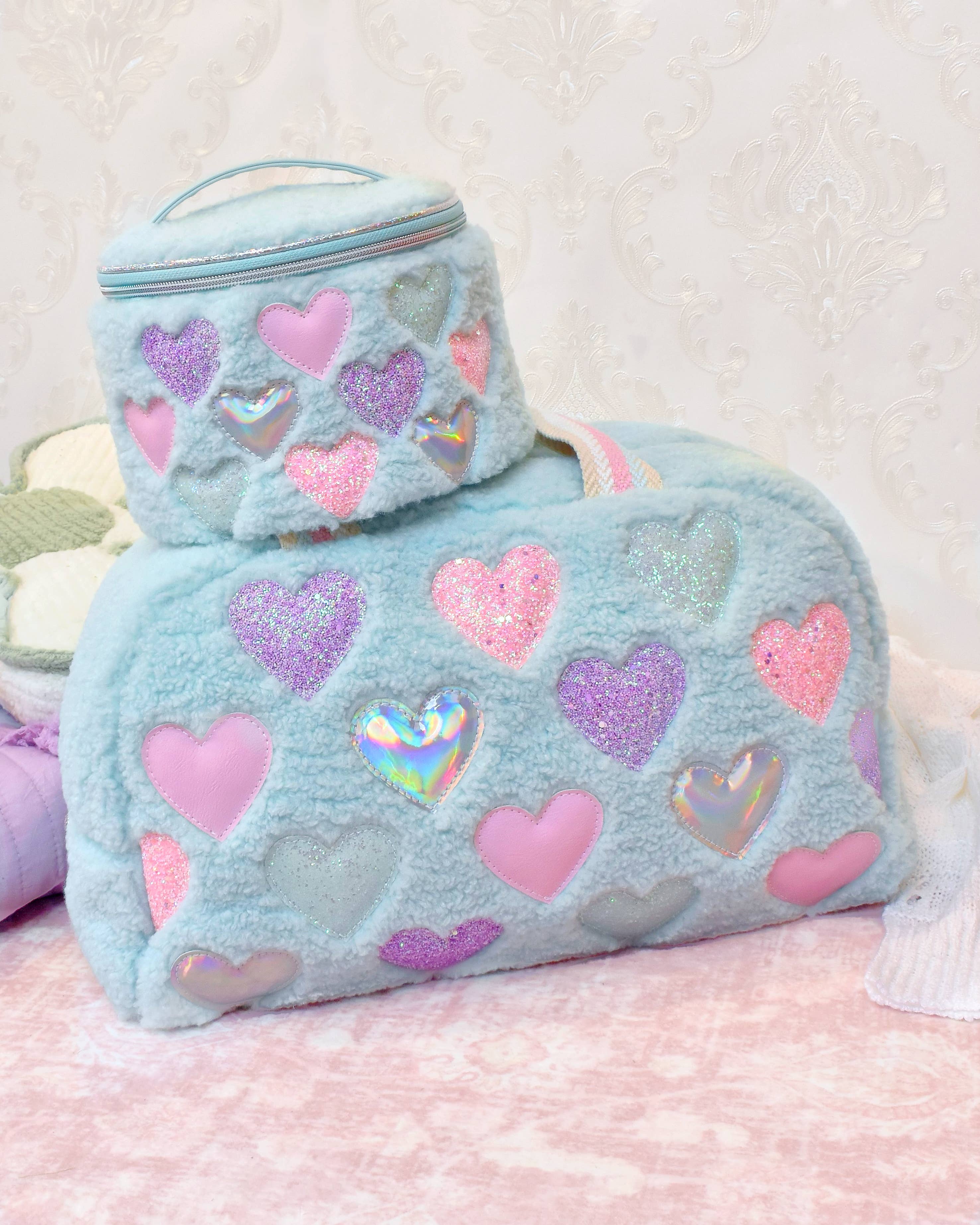 Heart Patched Sherpa Medium Duffle Bag