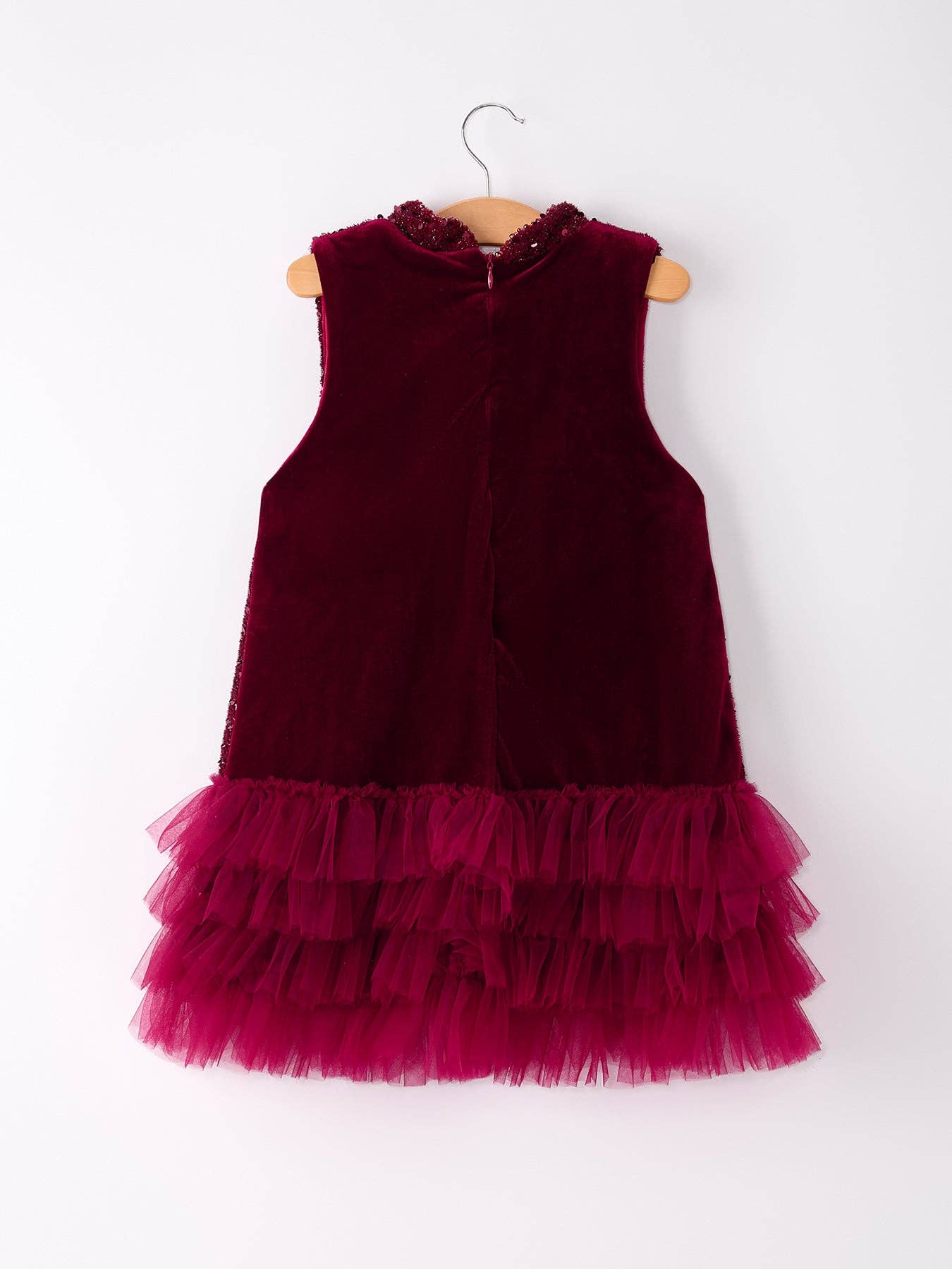 Girls Burgundy Red Glitter Dress With Multi-Layered Tulle Dress