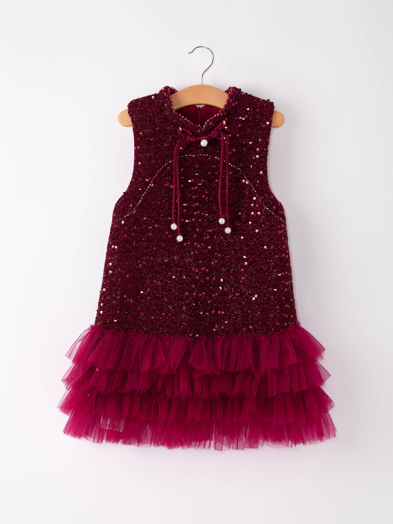 Girls Burgundy Red Glitter Dress With Multi-Layered Tulle Dress
