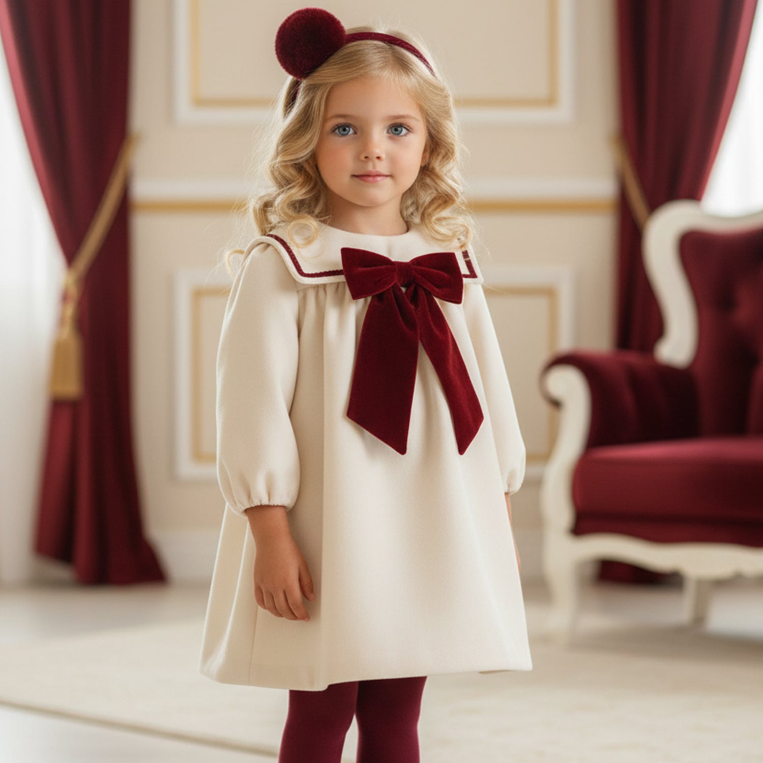 Ivory & Burgundy Velvet Trim Dress