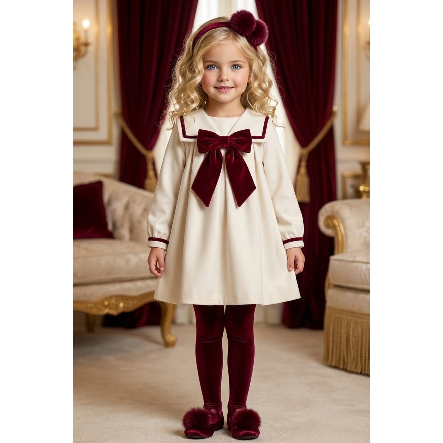 Ivory & Burgundy Velvet Trim Dress