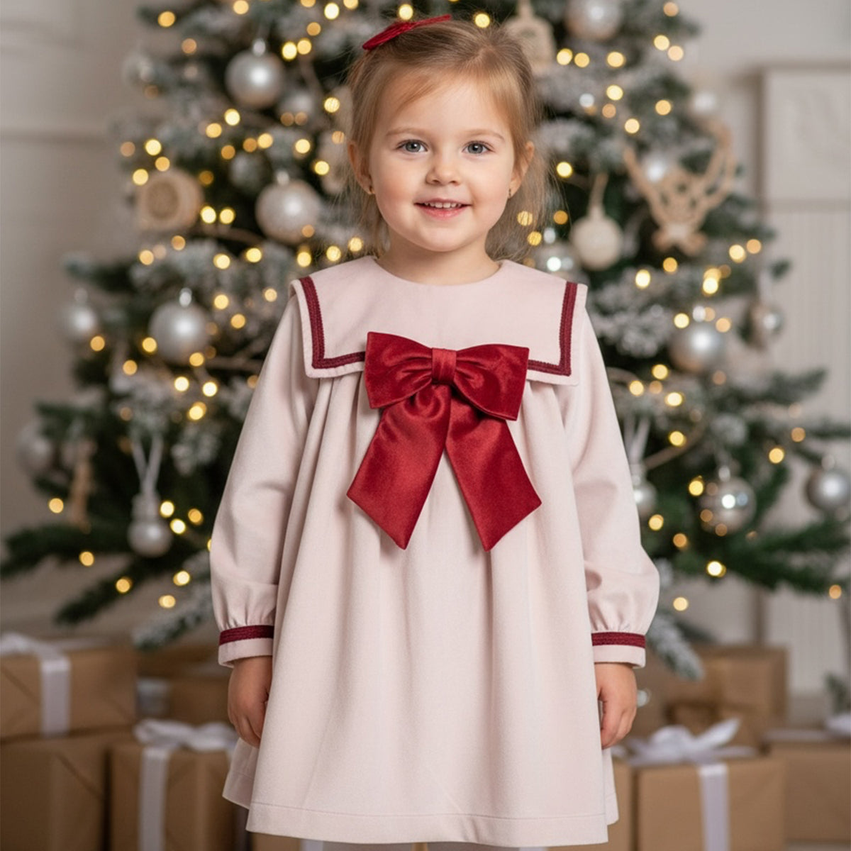 Pink & Burgundy Velvet Trim Dress