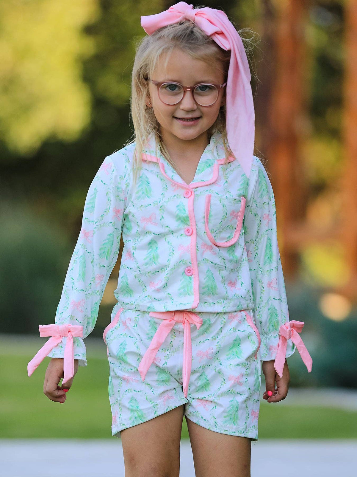 Mommy & Me Christmas Tree & Bow Print Girls Pajama Set