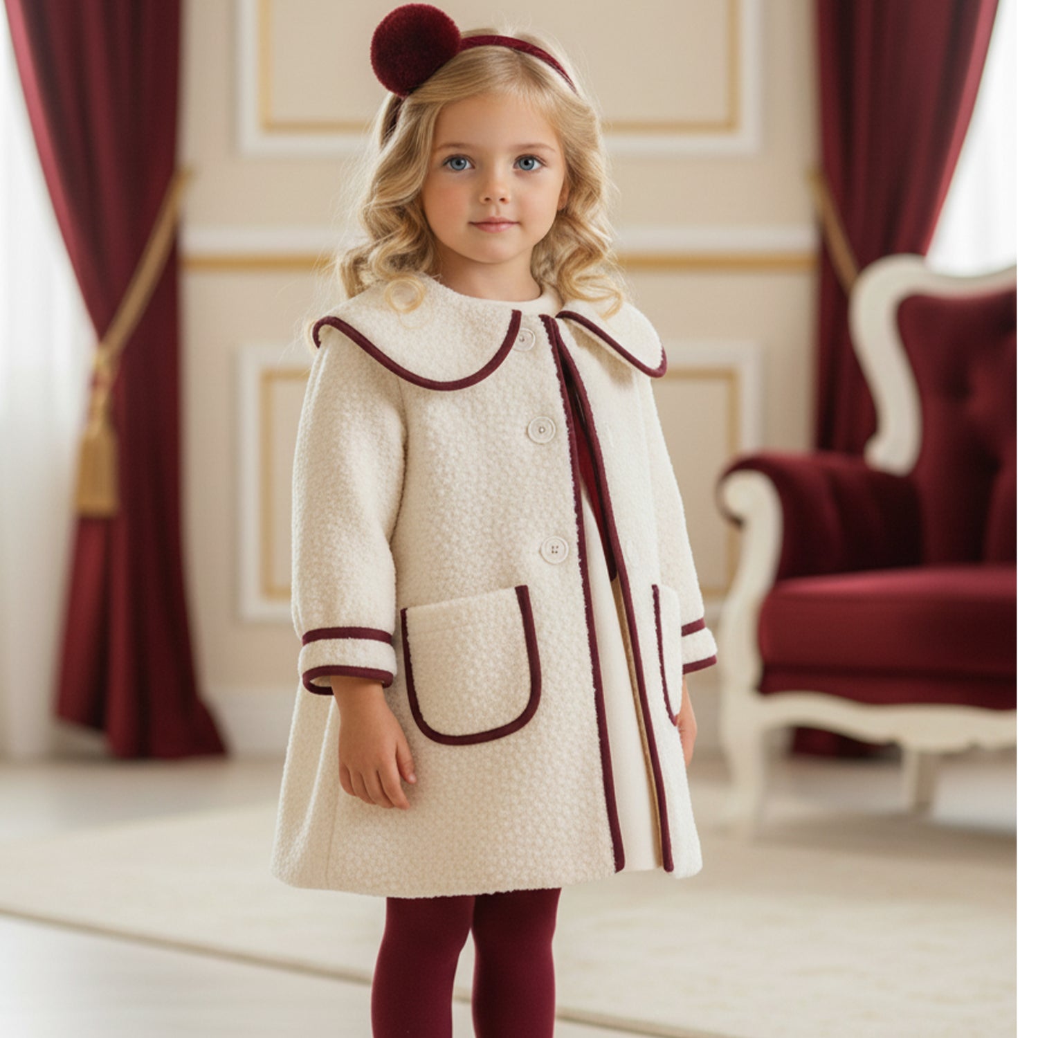 Ivory & Burgandy Trim Boucle Coat