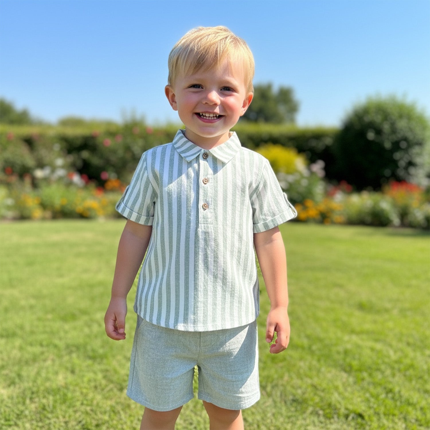 Green Stripe Linen Shirt & Shorts