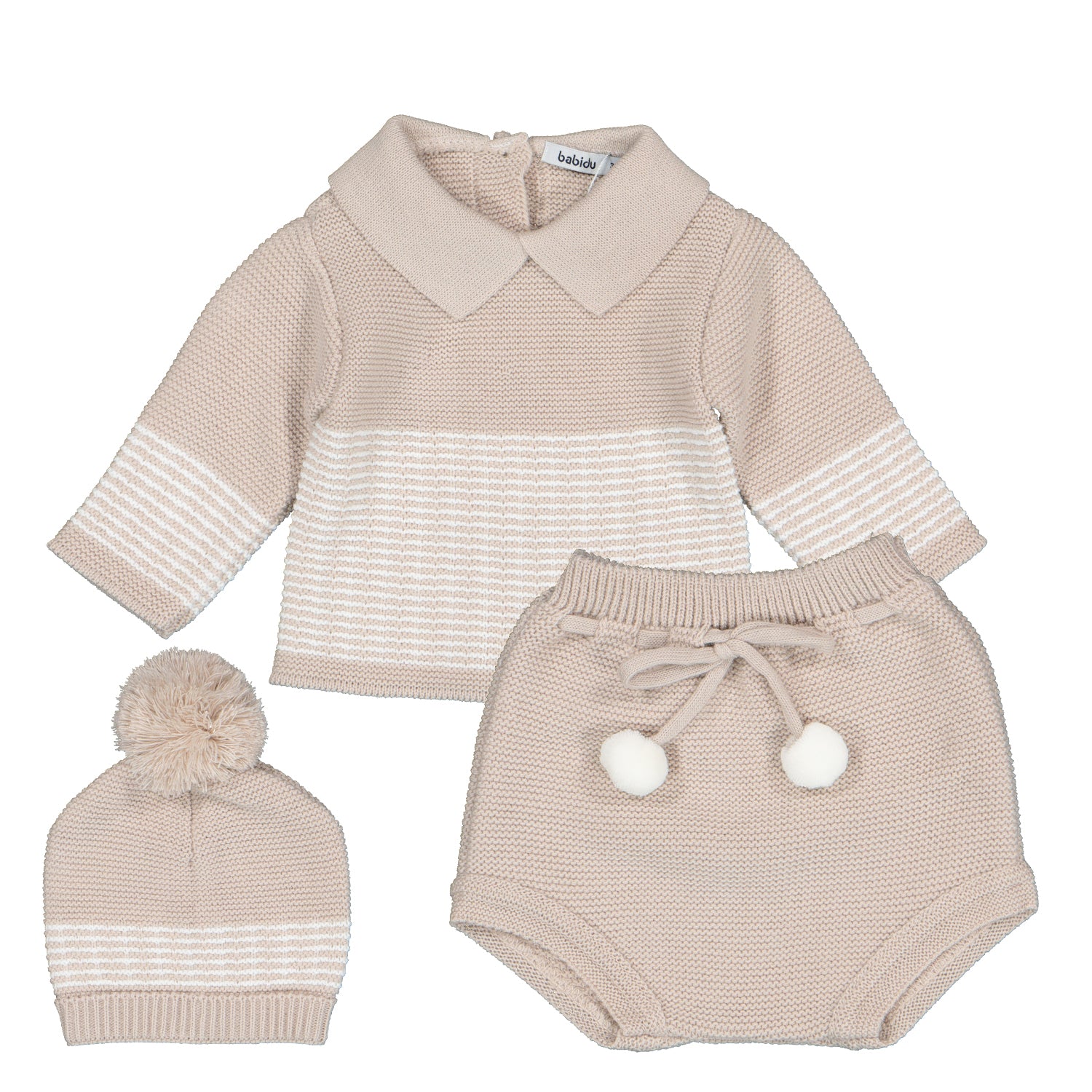 Beige Knit Jam Pant Set & Hat