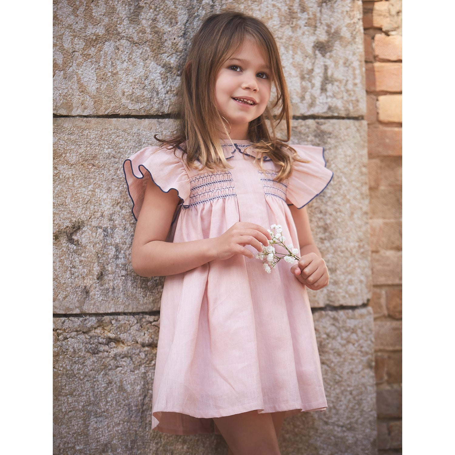 Peach Pink & Navy Smocked Dress