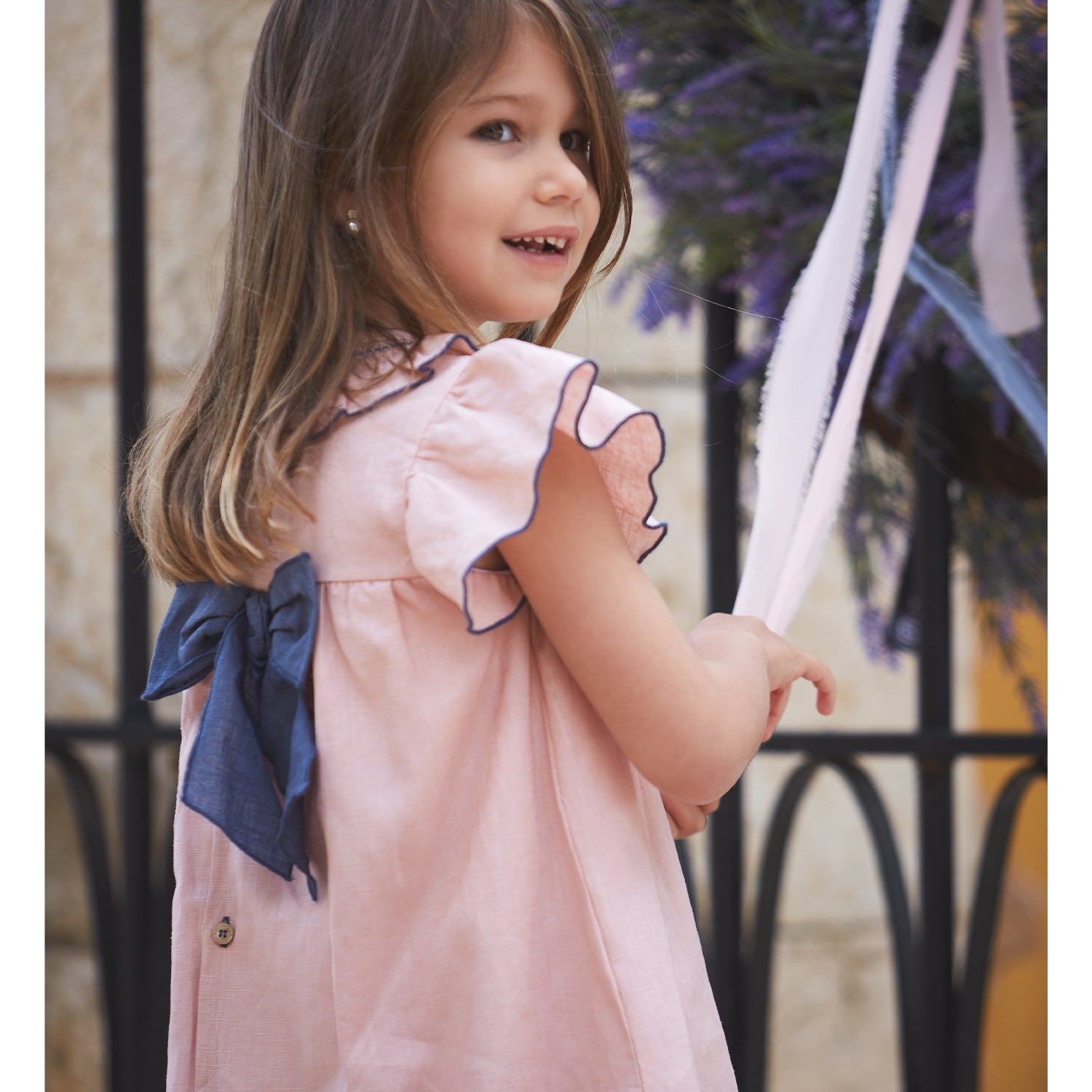 Peach Pink & Navy Smocked Dress