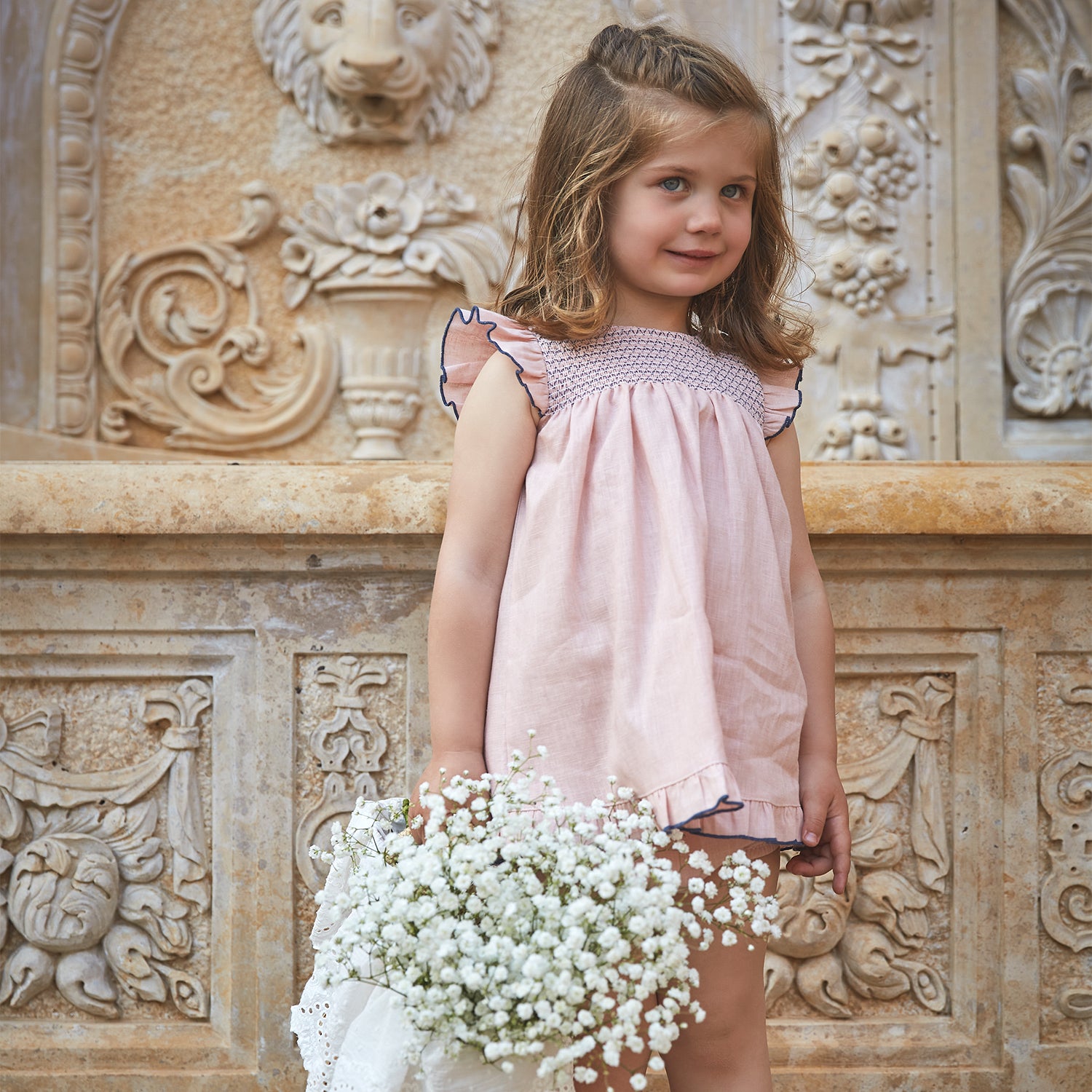 Peach Pink & Navy Smocked Dress & Bloomers