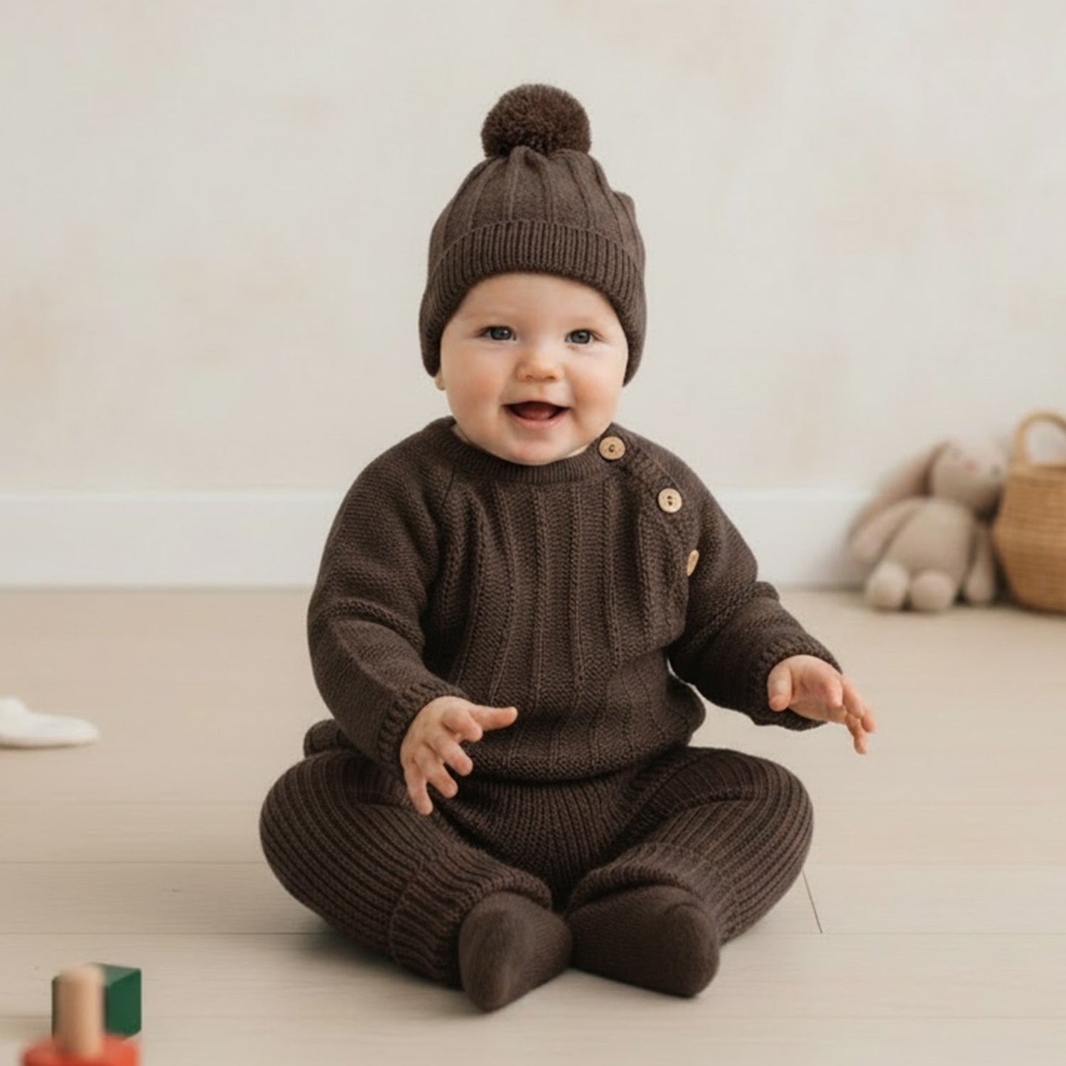 Brown Knitted Set With Hat