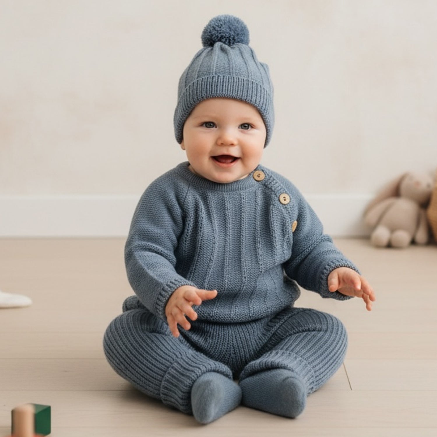 Deep Blue Knitted Set With Hat