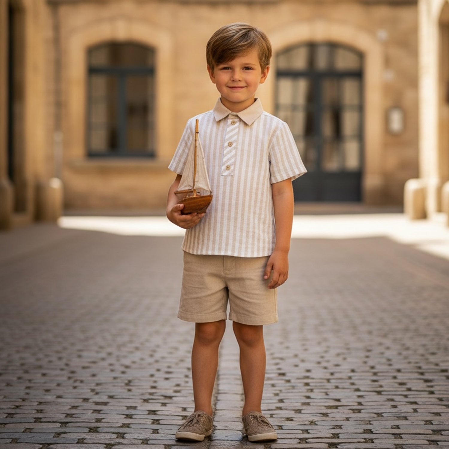 Boys Beige Stripe Short Set