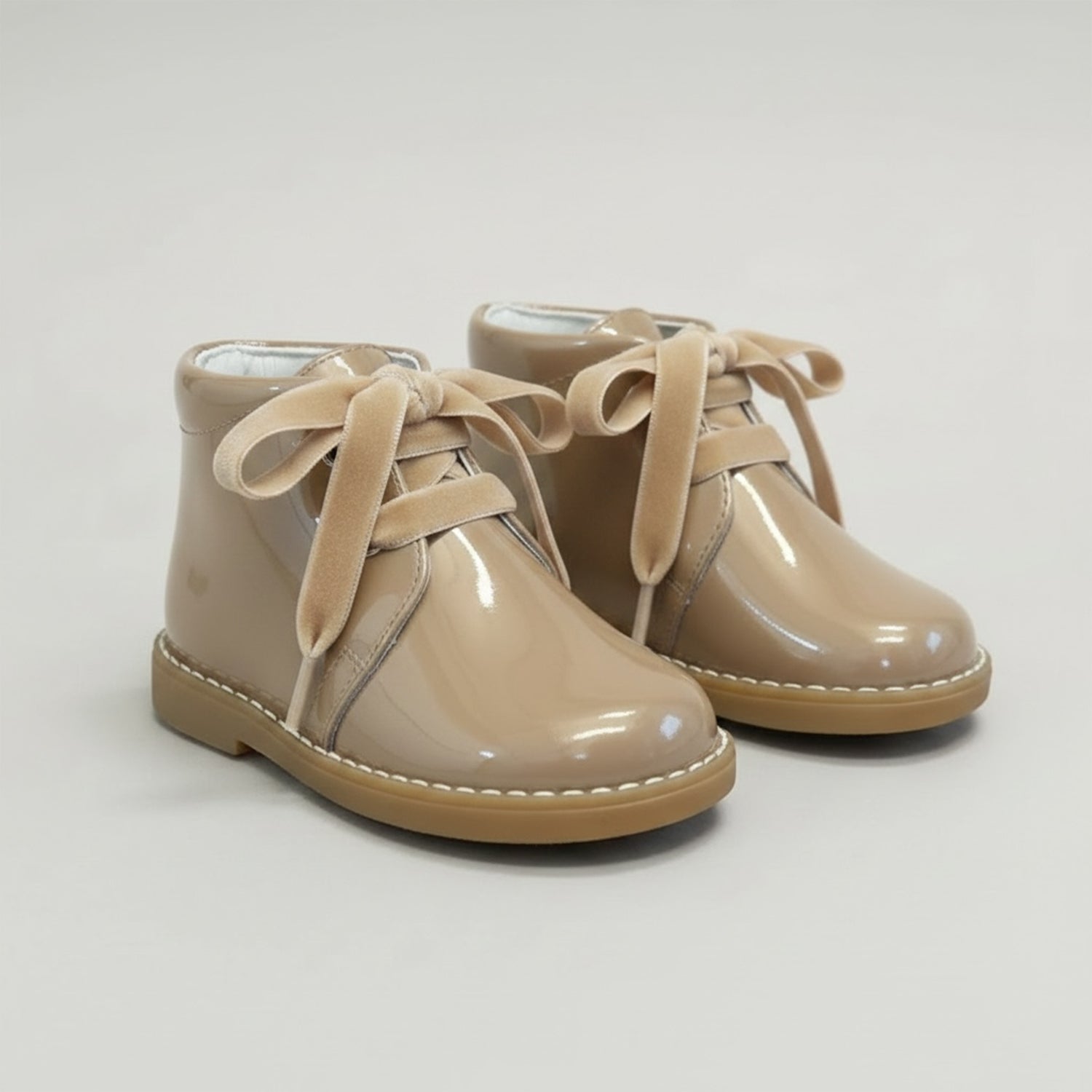 Sand Patent Leather Velvet Lace Ankle Boot