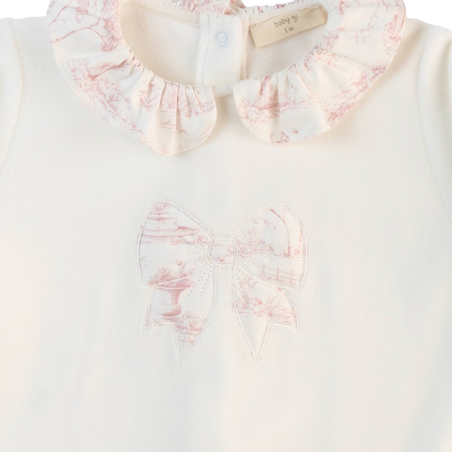 Ivory Toile De Jouy Bow Velour Babygrow