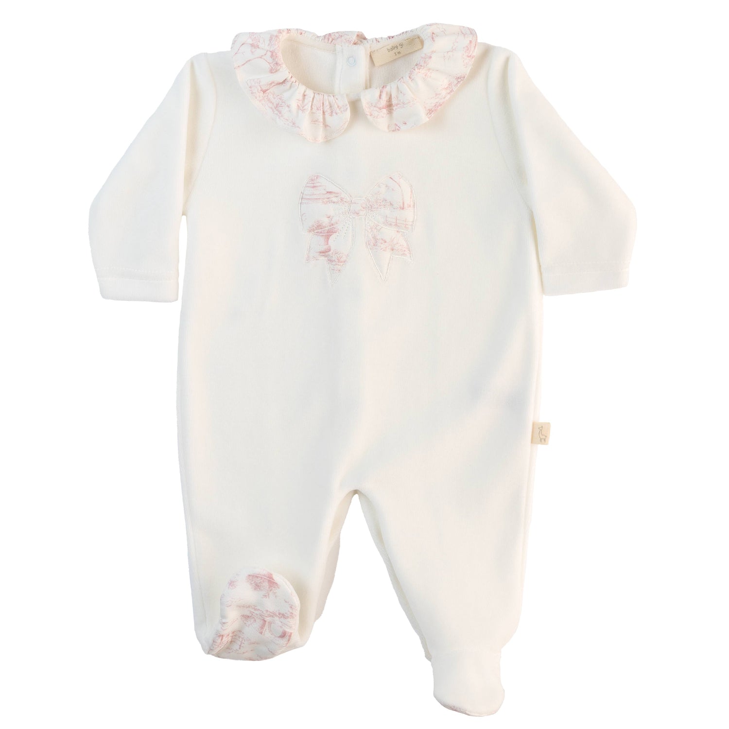 Ivory Toile De Jouy Bow Velour Babygrow