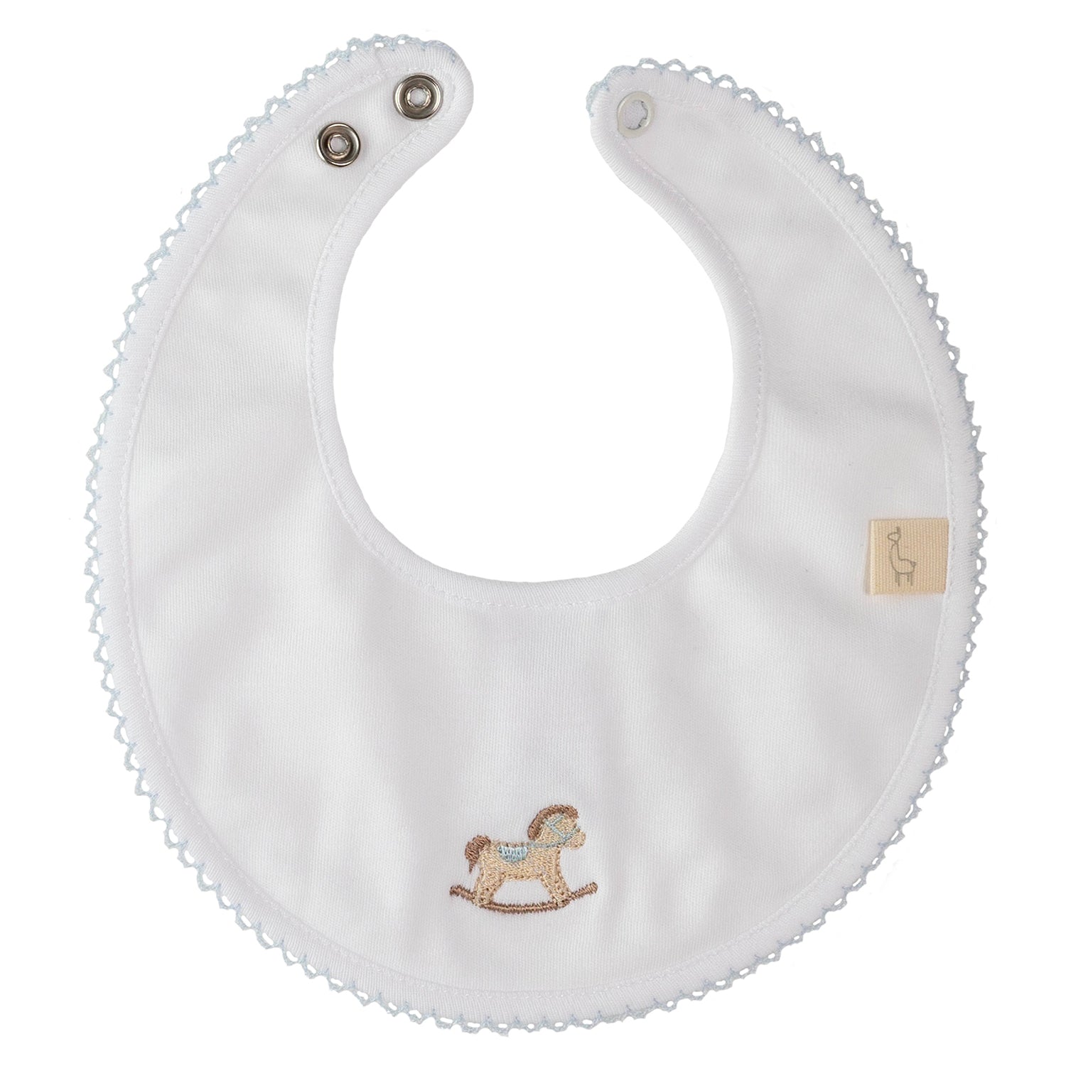 White & Blue Trim Rocking Horse Bib