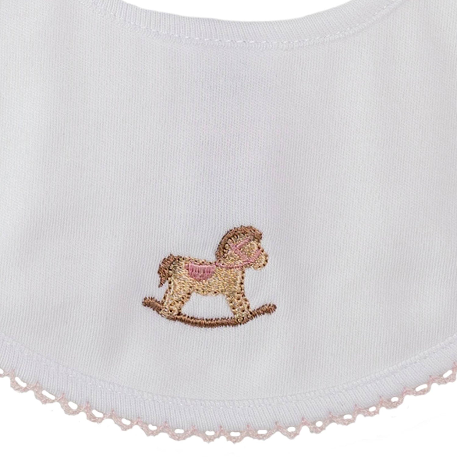 White & Pink Trim Rocking Horse Bib