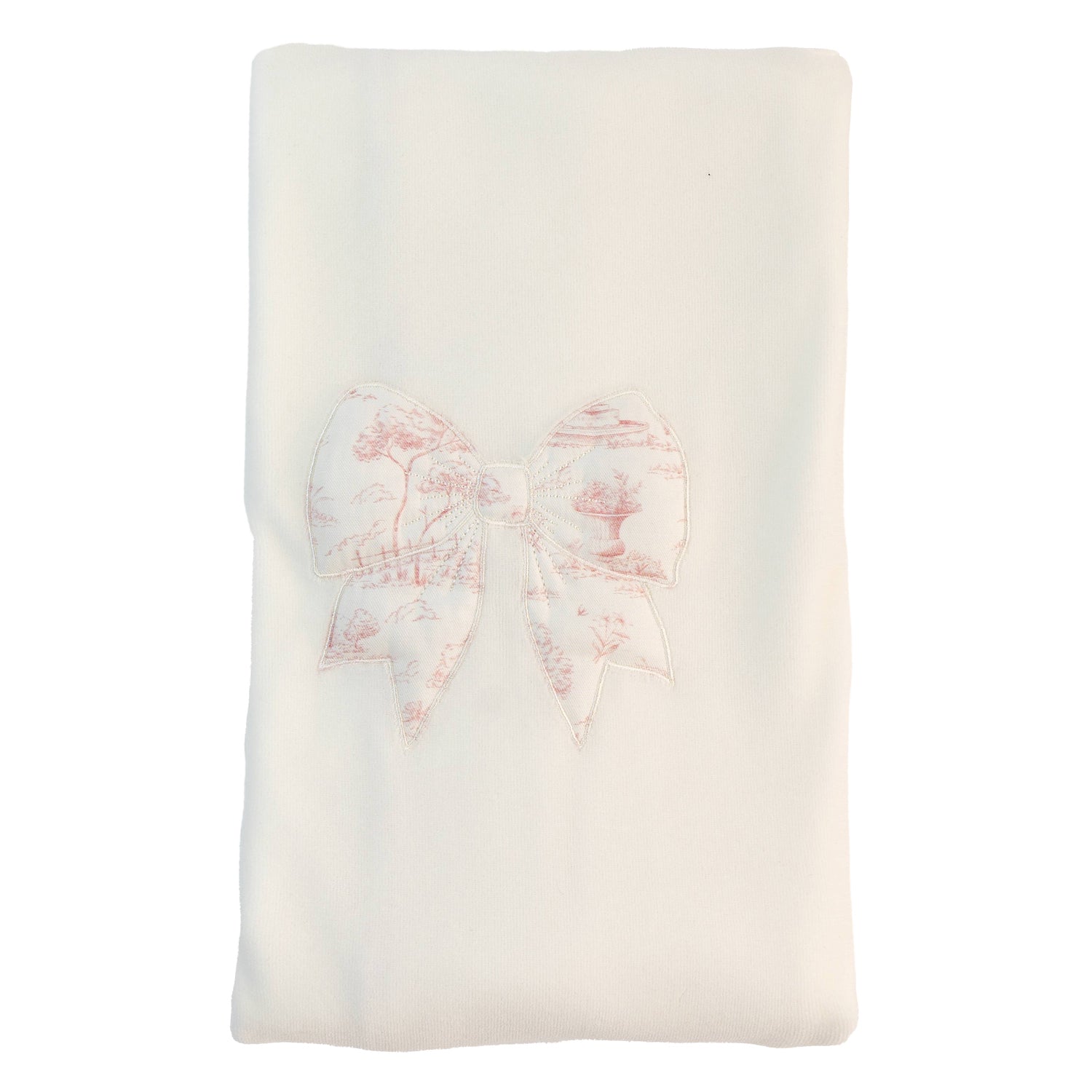 Ivory Velour Toile De Jouy Print Bow Blanket