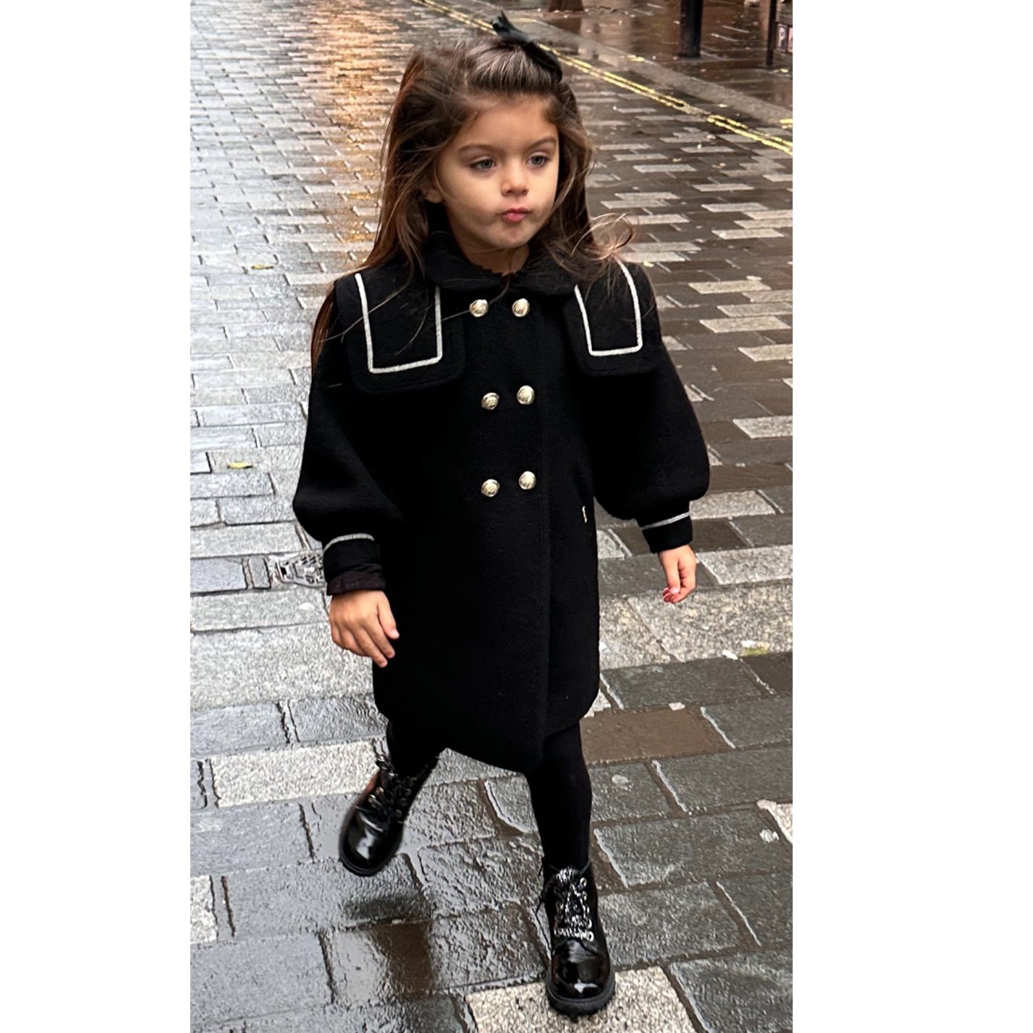 Girls Black and White Wool Coat