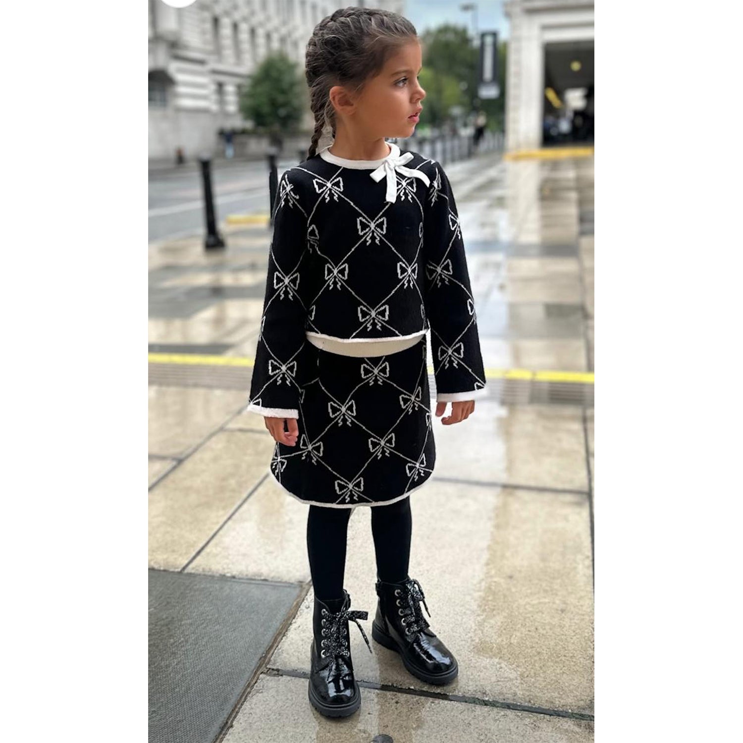 Black Bow Tricot Skirt Set