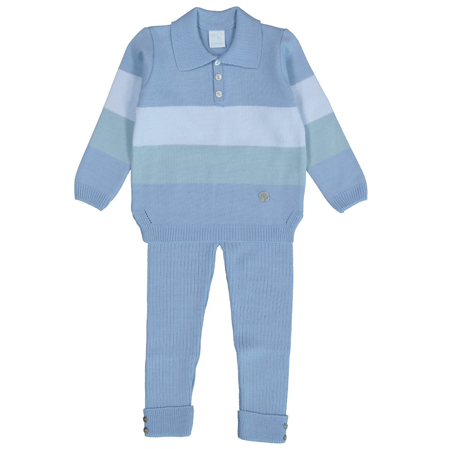Blue Triple Stripe Knit Polo Outfit