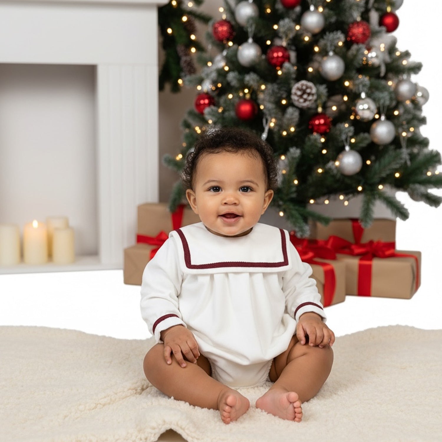 Boys Ivory & Burgundy Velvet Trim Romper