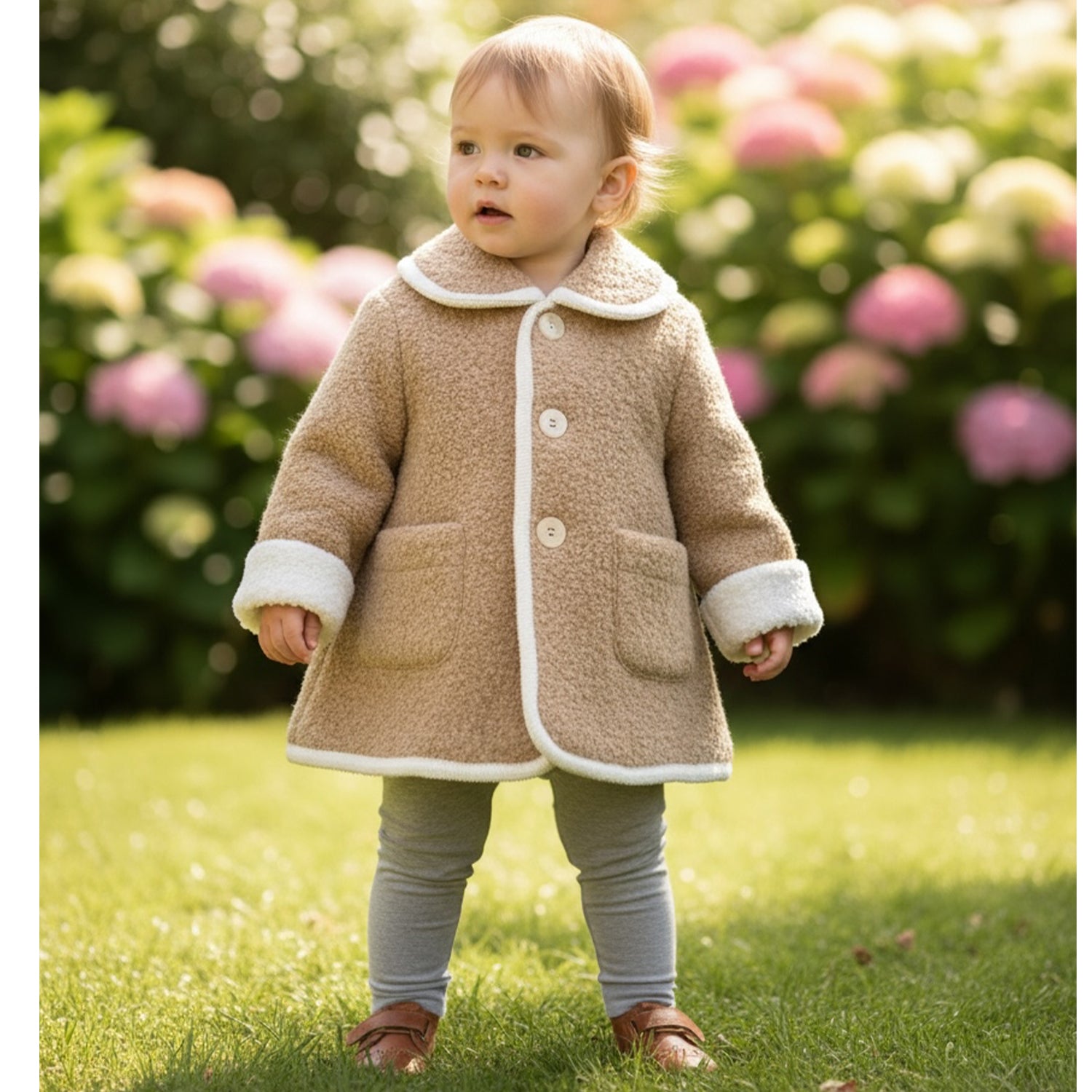 Beige & Ivory Trim Boucle Coat