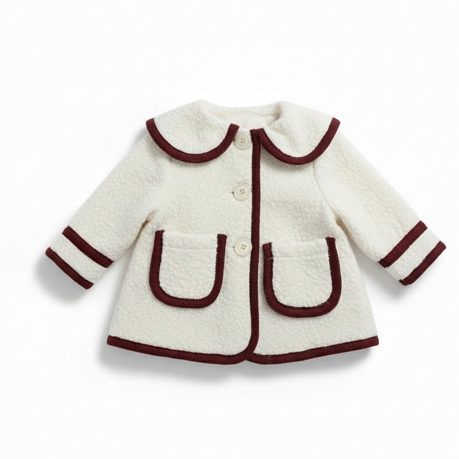 Ivory & Burgandy Trim Boucle Coat
